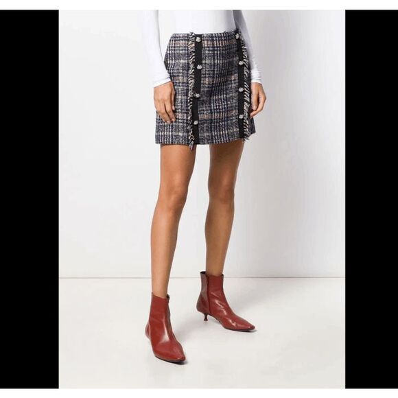 Veronica Beard Celie Tweed Skirt Wool Blend Navy Plaid Metallic Buttons Size 10